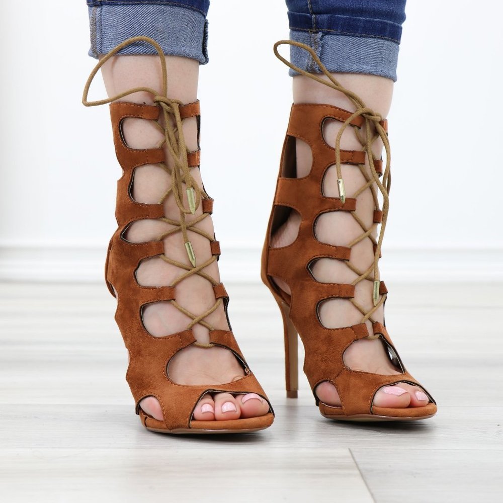 Suede Tan Gladiator Stiletto Needle High Heel Open Toe Bootie - Picture 9 of 11
